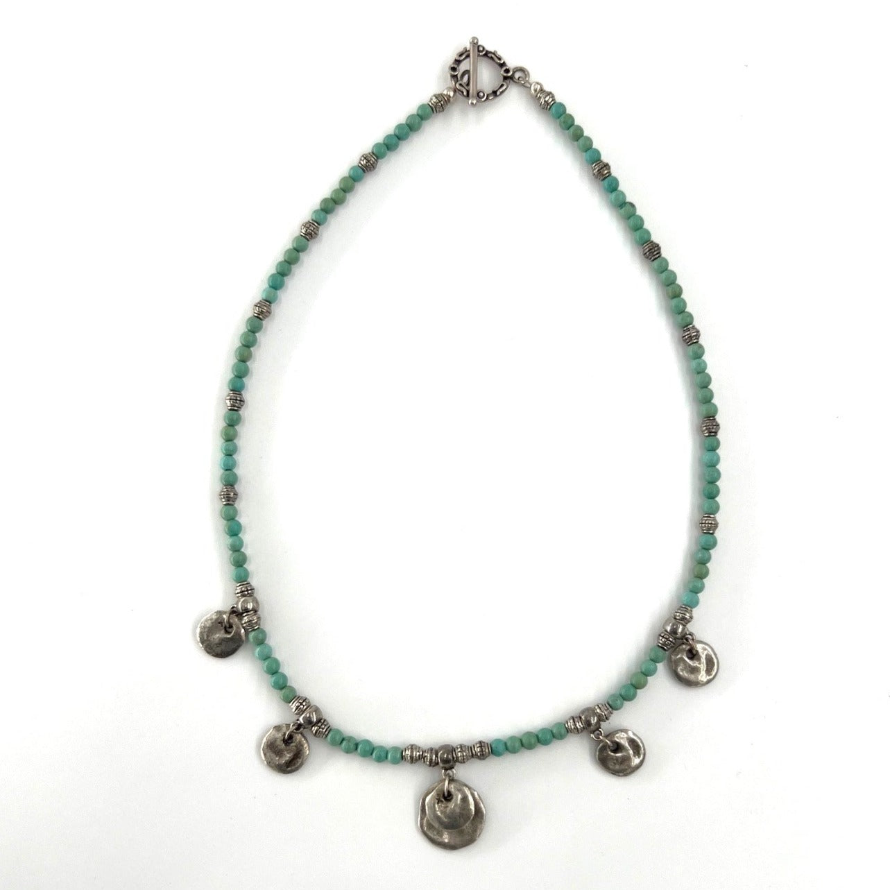Green Turquoise with Pewter Disks Necklace