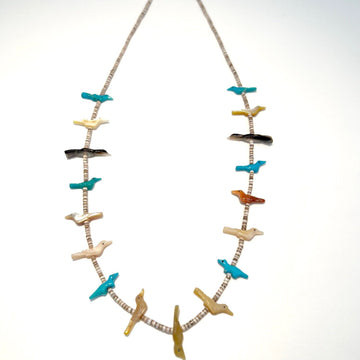 Heishi Beads Necklace with Carved Gemstone Birds