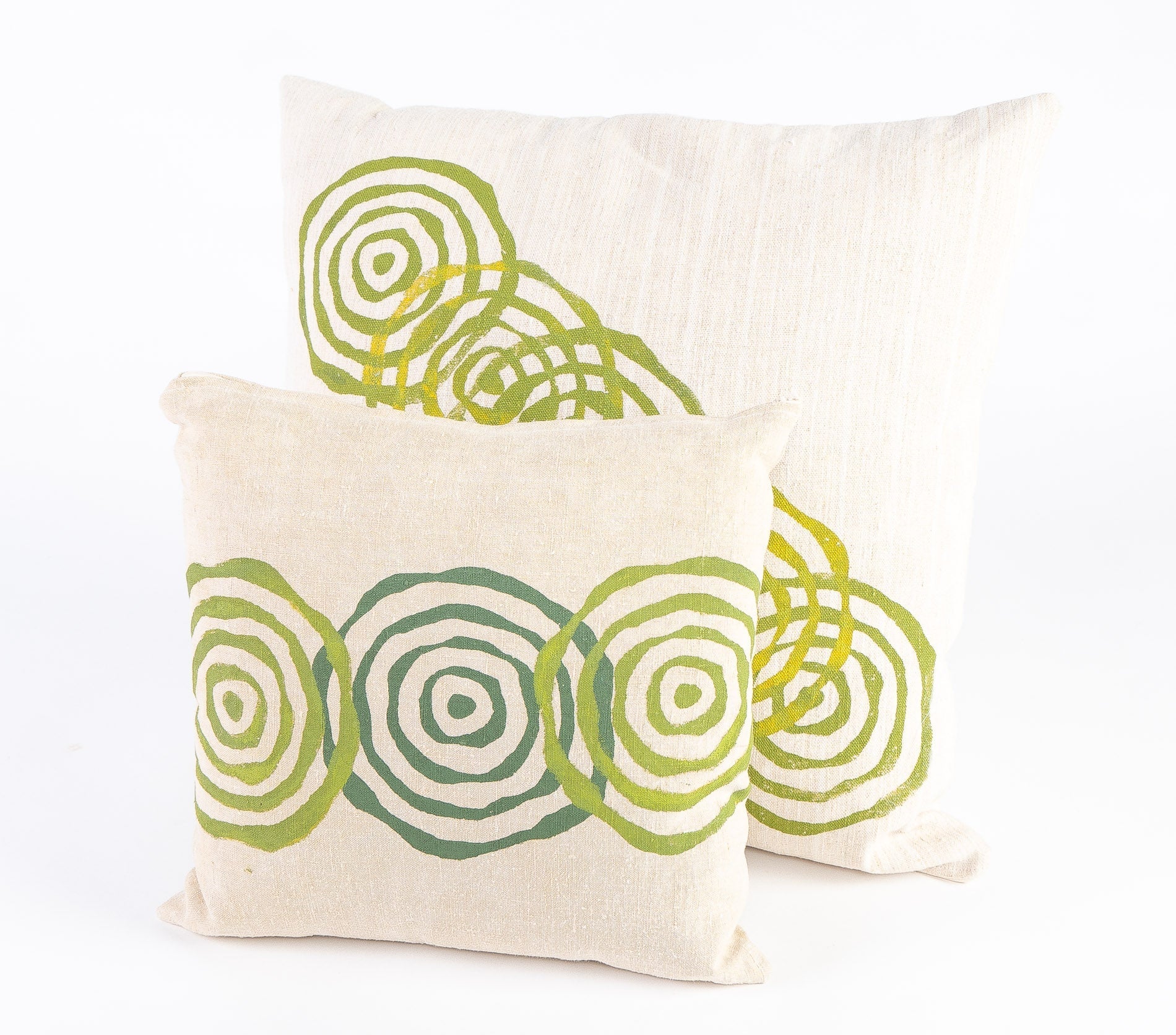vintage french linen pillows collection shot - green printed - handmade in Maine