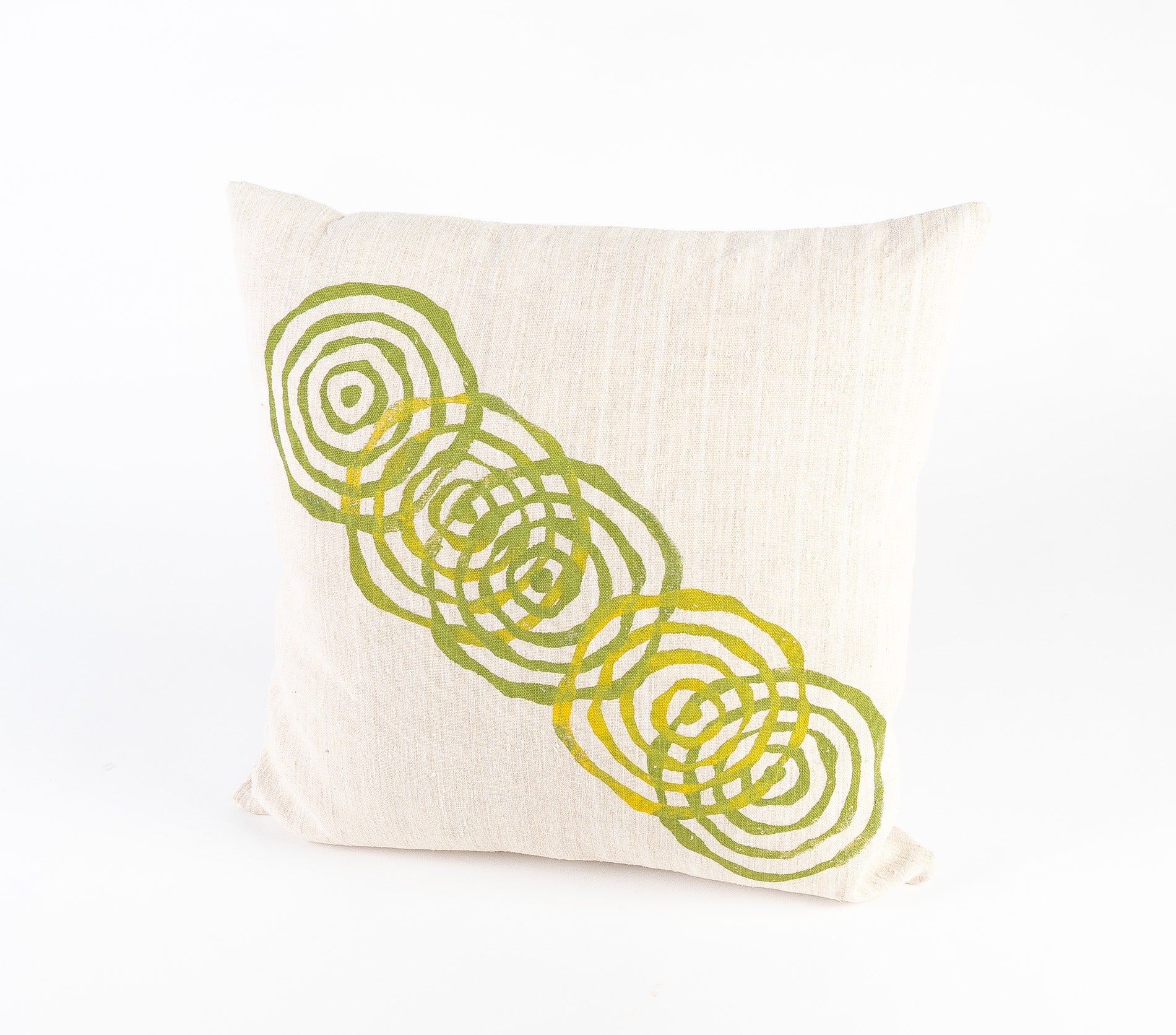 vintage french linen pillow in green - circle pattern - hand printed - home goods - home decor