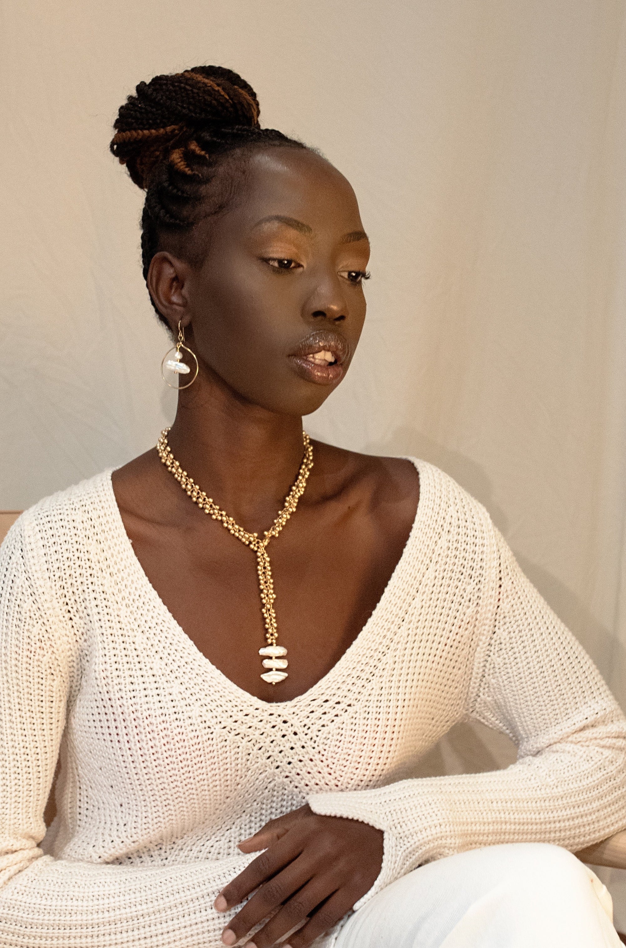 ~ Bell Bead chain with Pearl Drop Necklace