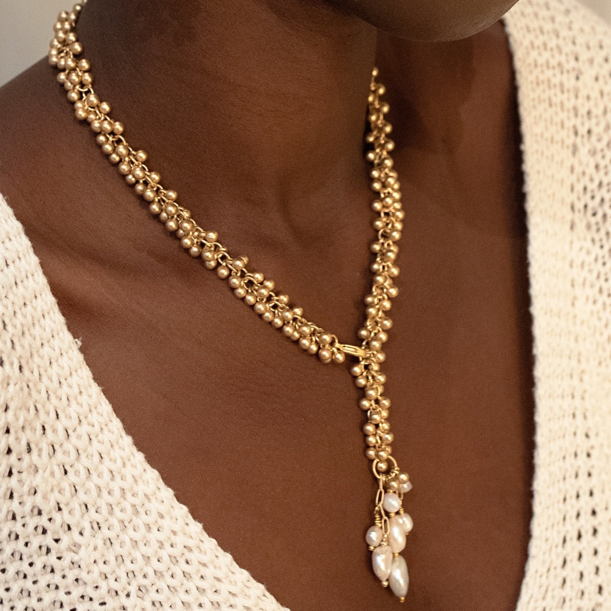 ~ Golden Bells with Pearl Tassel Necklace