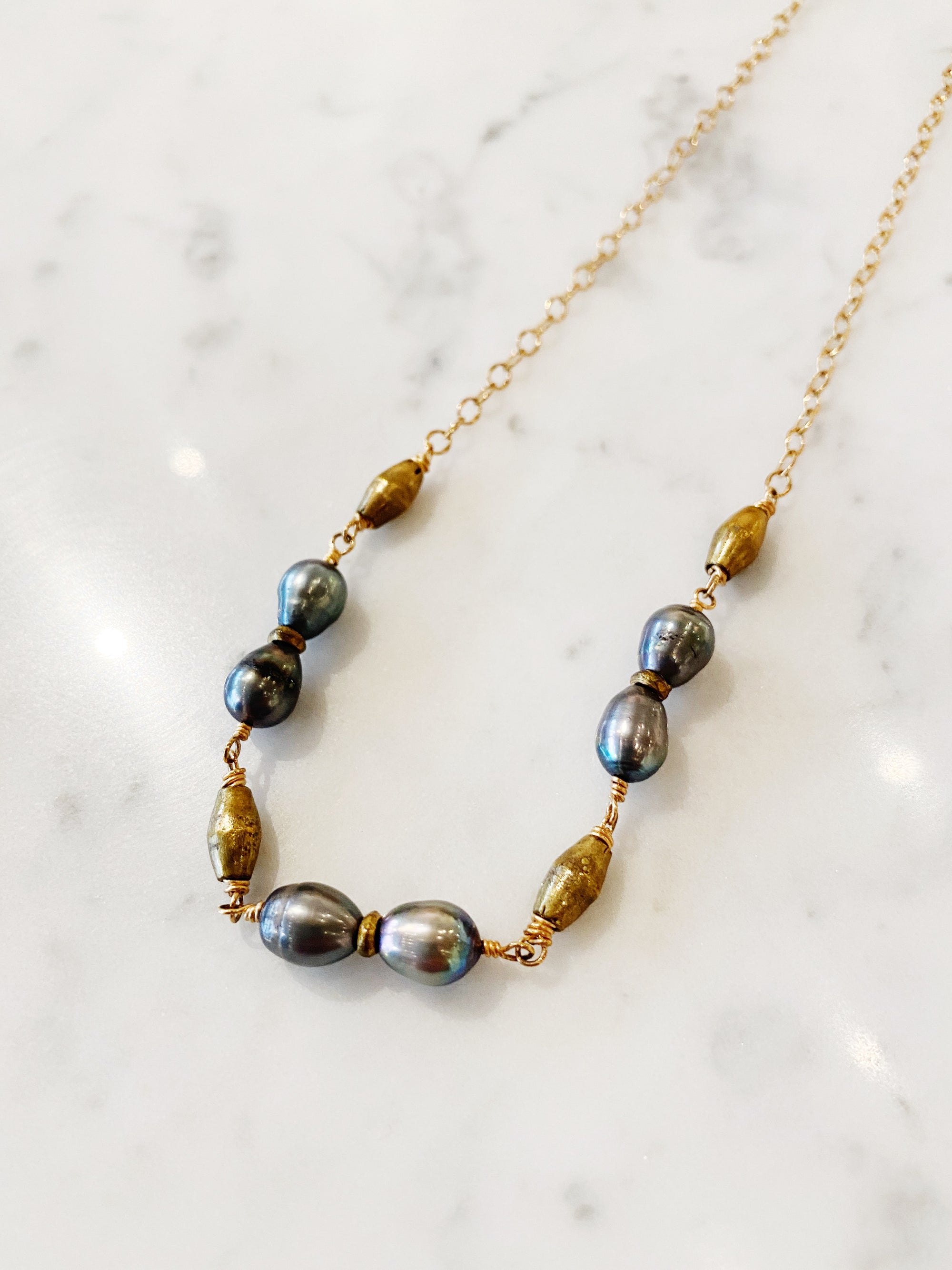 Rice Pearl + Handmade African Brass Bead Necklace