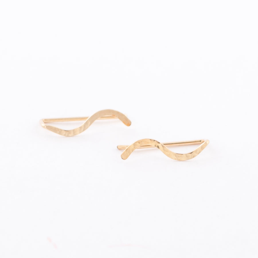 14K gold ear climber - earring - hammered squiggle - stud 