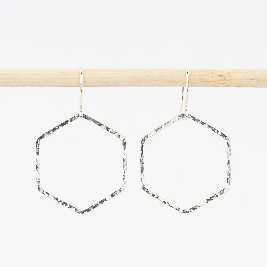 hammered hexagon hoop earrings - dangles - sterling silver - handmade in Maine - jewelry