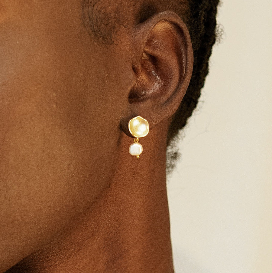 Concave Post Earrings with Tiny Pearl Drop