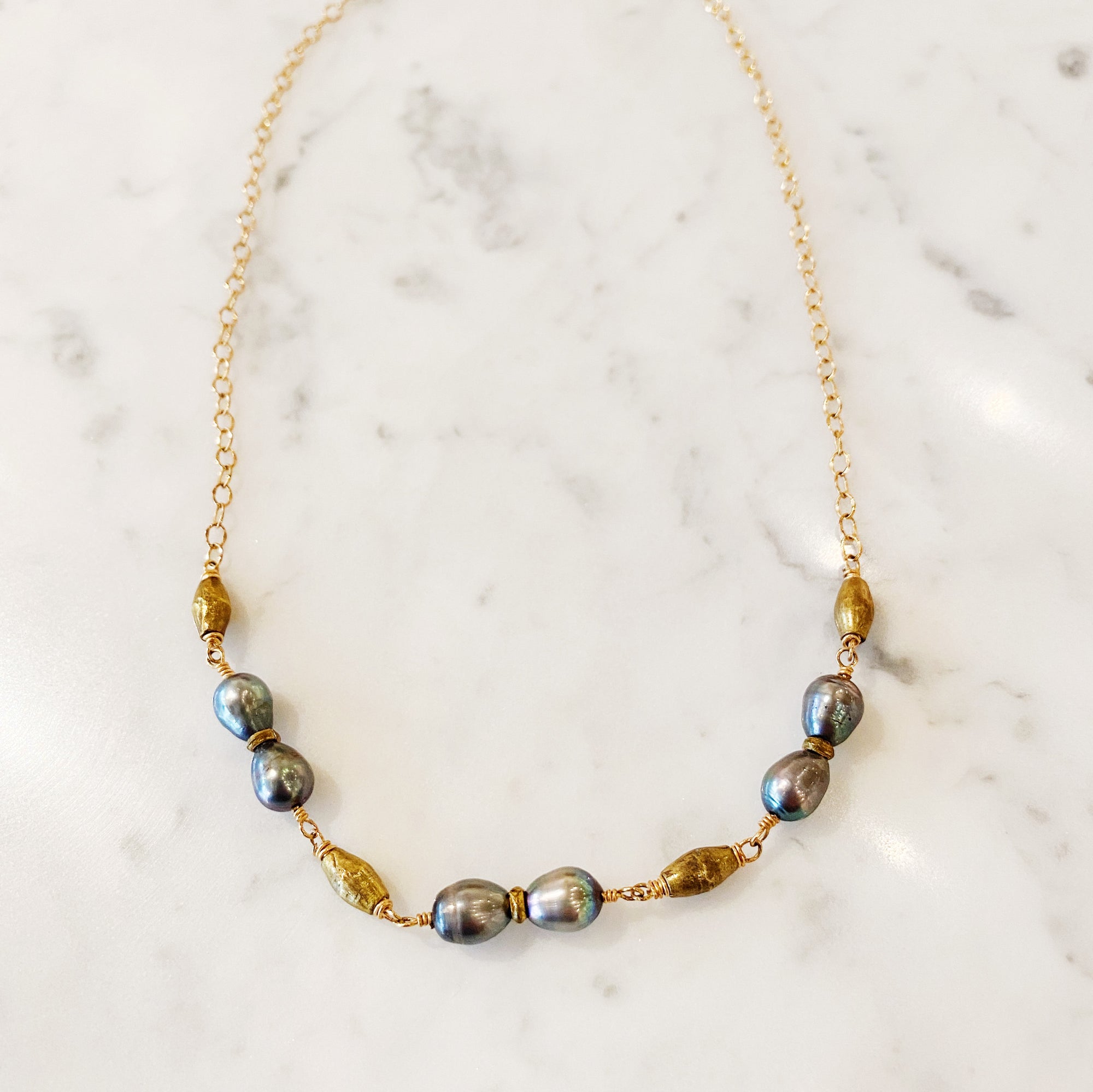 Rice Pearl + Handmade African Brass Bead Necklace
