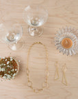 mother's day gift guide - gold plated necklace and earring set - women's jewelry - vintage glassware