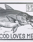 framed linocut print - original - cod loves me - Maine artist - David Connor - printmaking - black and white print