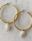 ~ Gold Hoops with Freshwater Pearl Drop Earrings