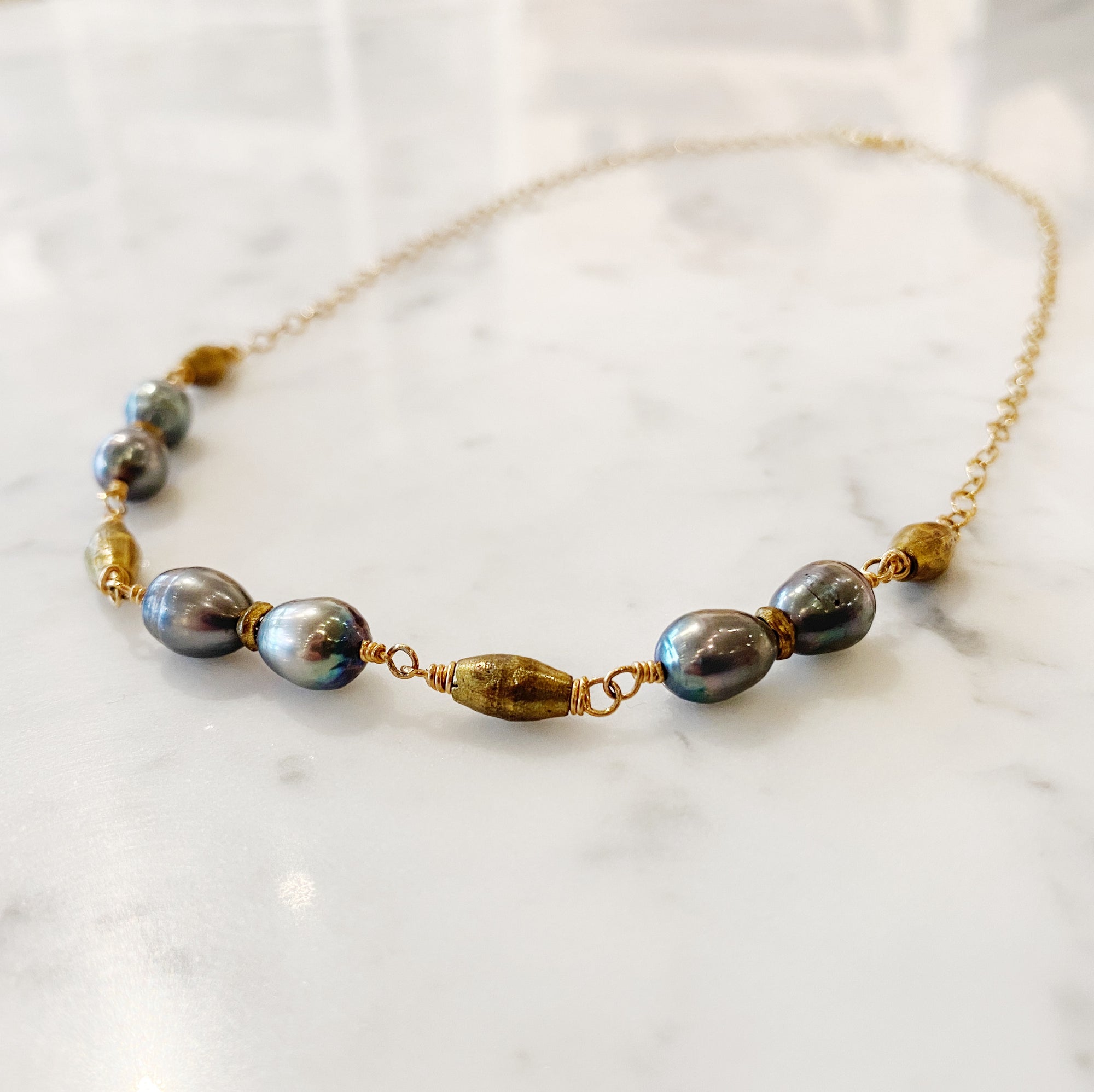 Rice Pearl + Handmade African Brass Bead Necklace