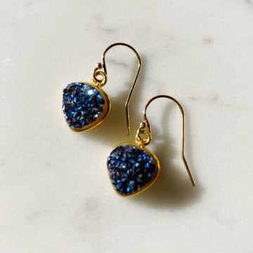Small Navy Blue Heart-shaped Druzy Earrings
