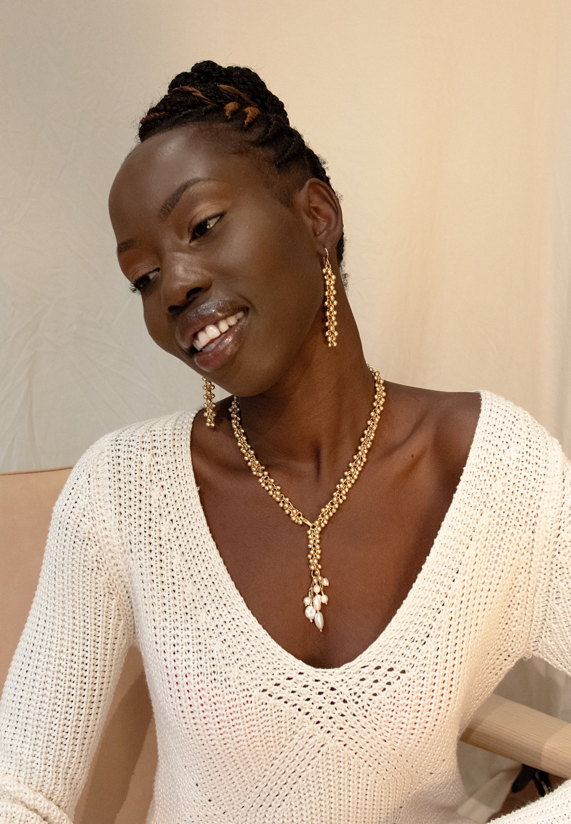 ~ Golden Bells with Pearl Tassel Necklace
