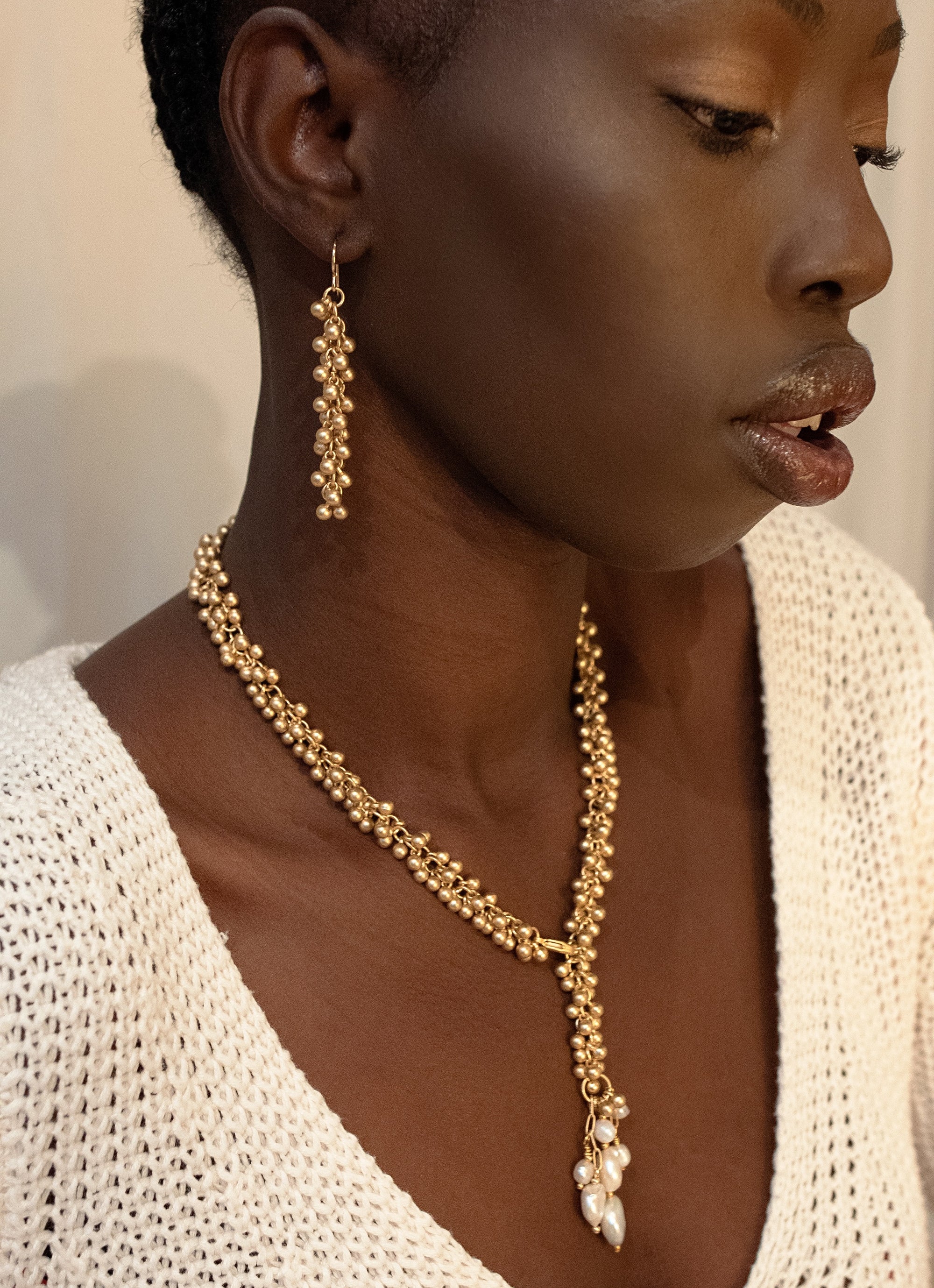 ~ Golden Bells with Pearl Tassel Necklace