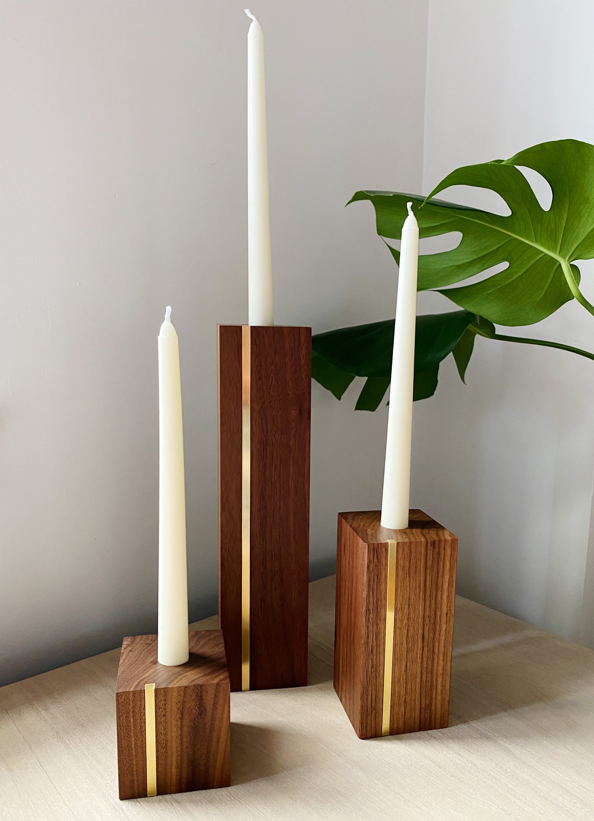 Walnut + Brass Candlestick Holders