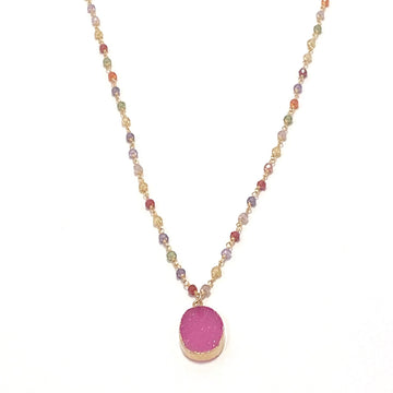 Multi Cubic Zirconia Chain with Oval Pink Druzy Necklace