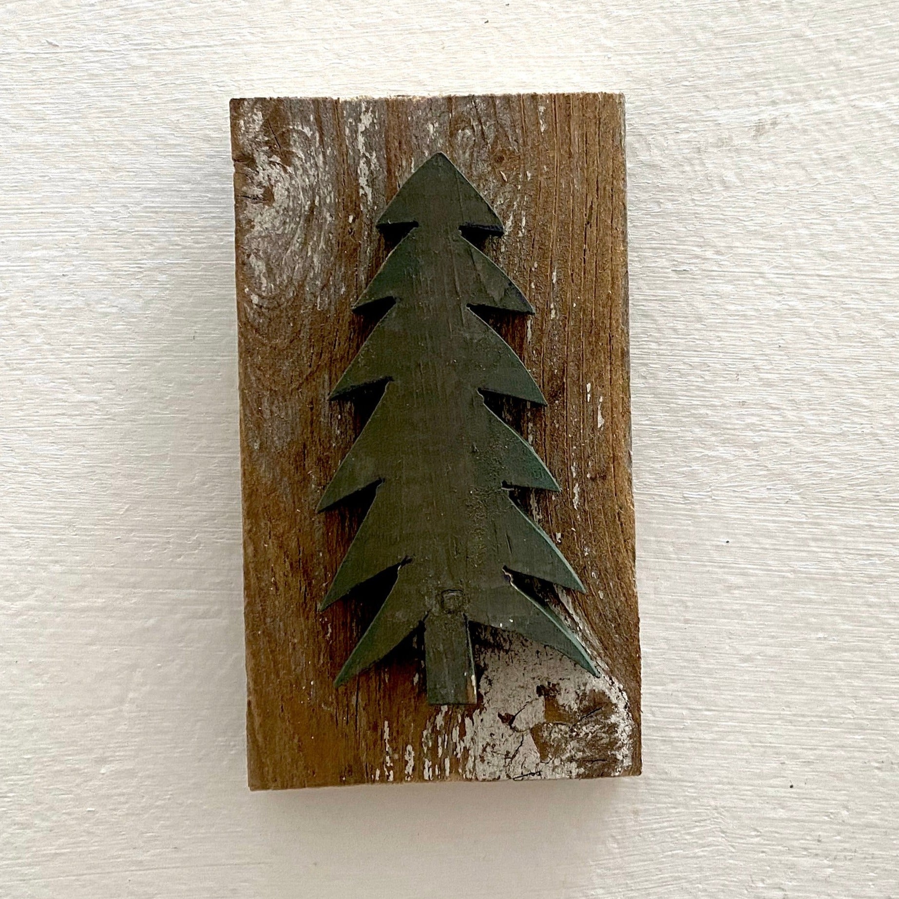 Single Wooden Pine Tree on Recycled Wood