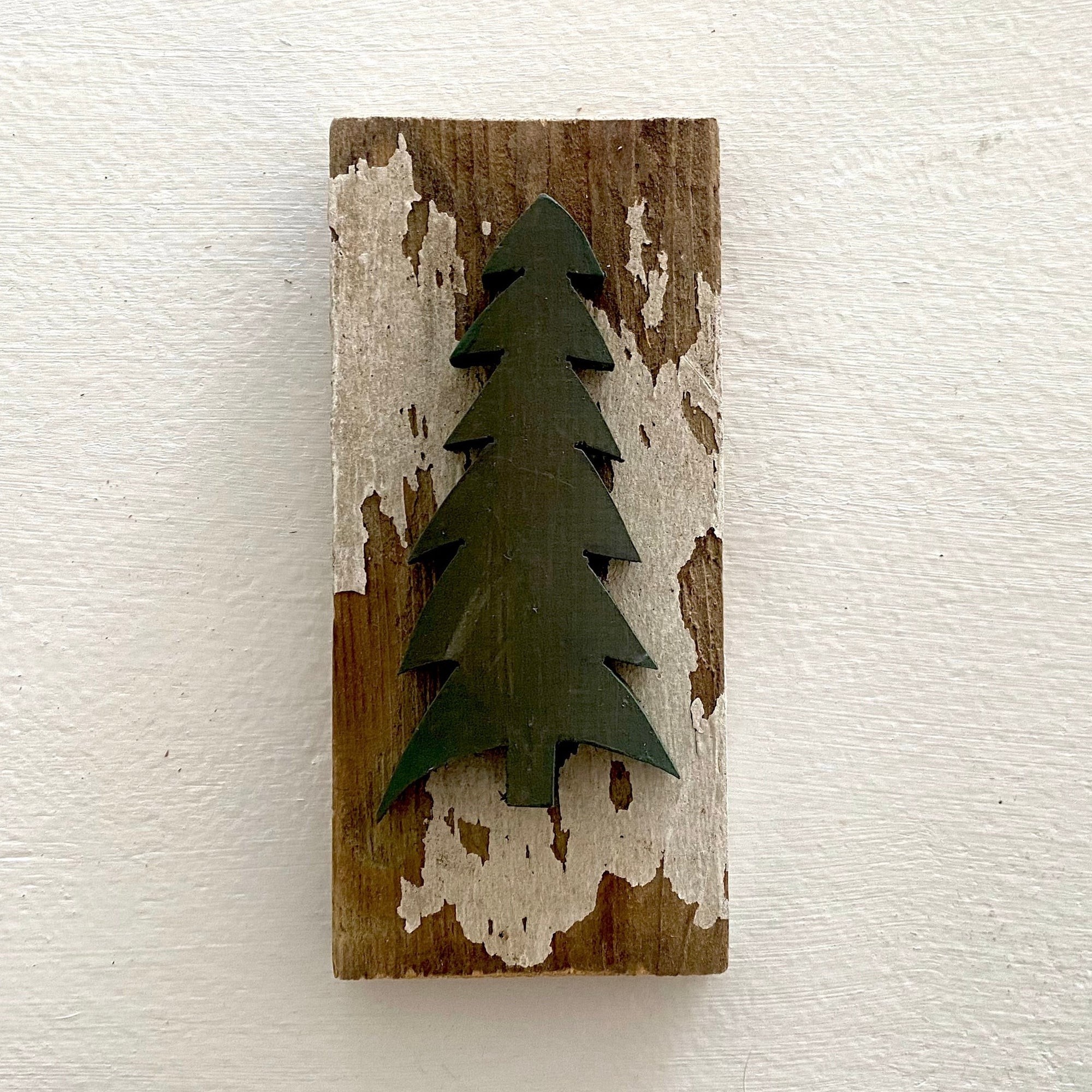 Single Wooden Pine Tree on Recycled Wood