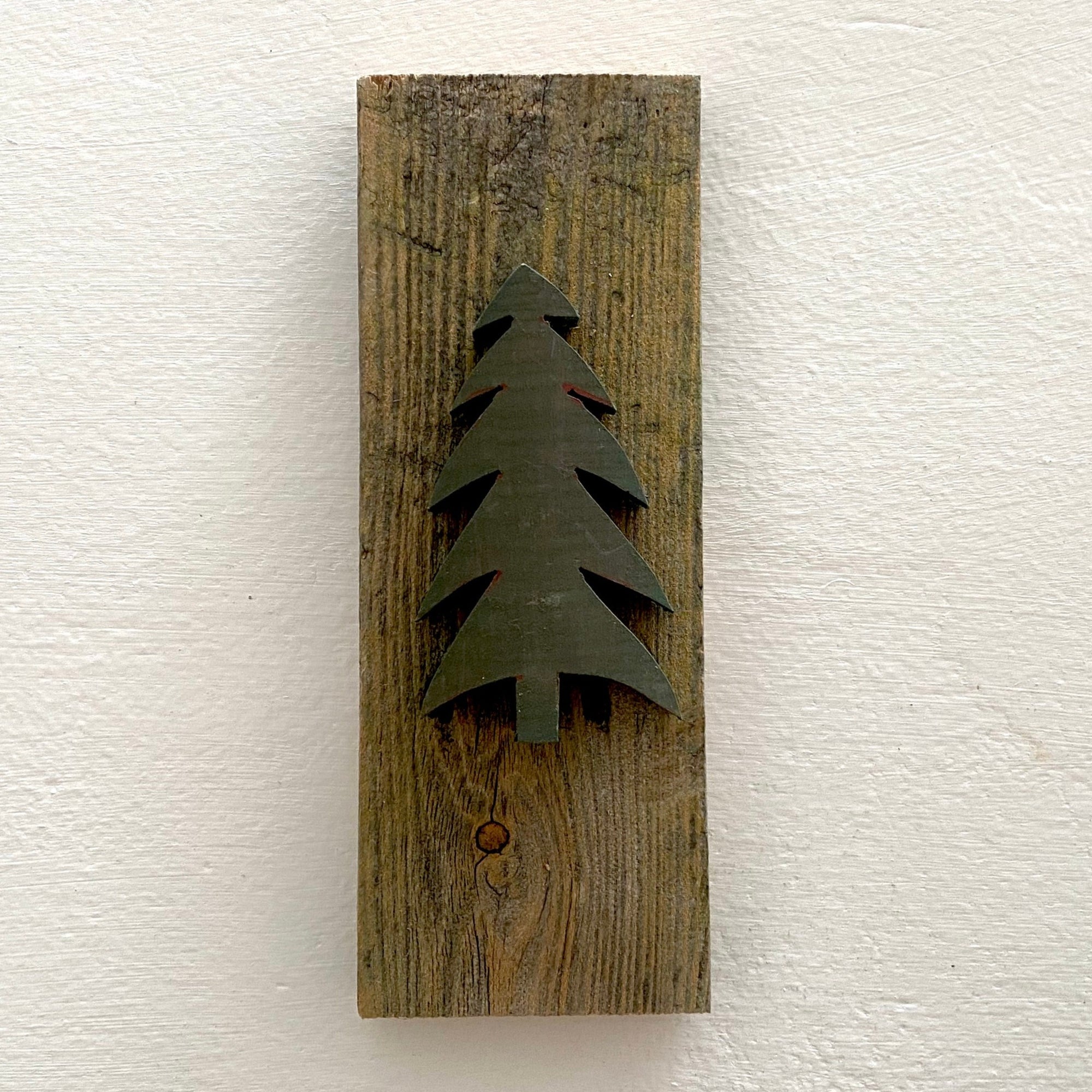 Single Wooden Pine Tree on Recycled Wood