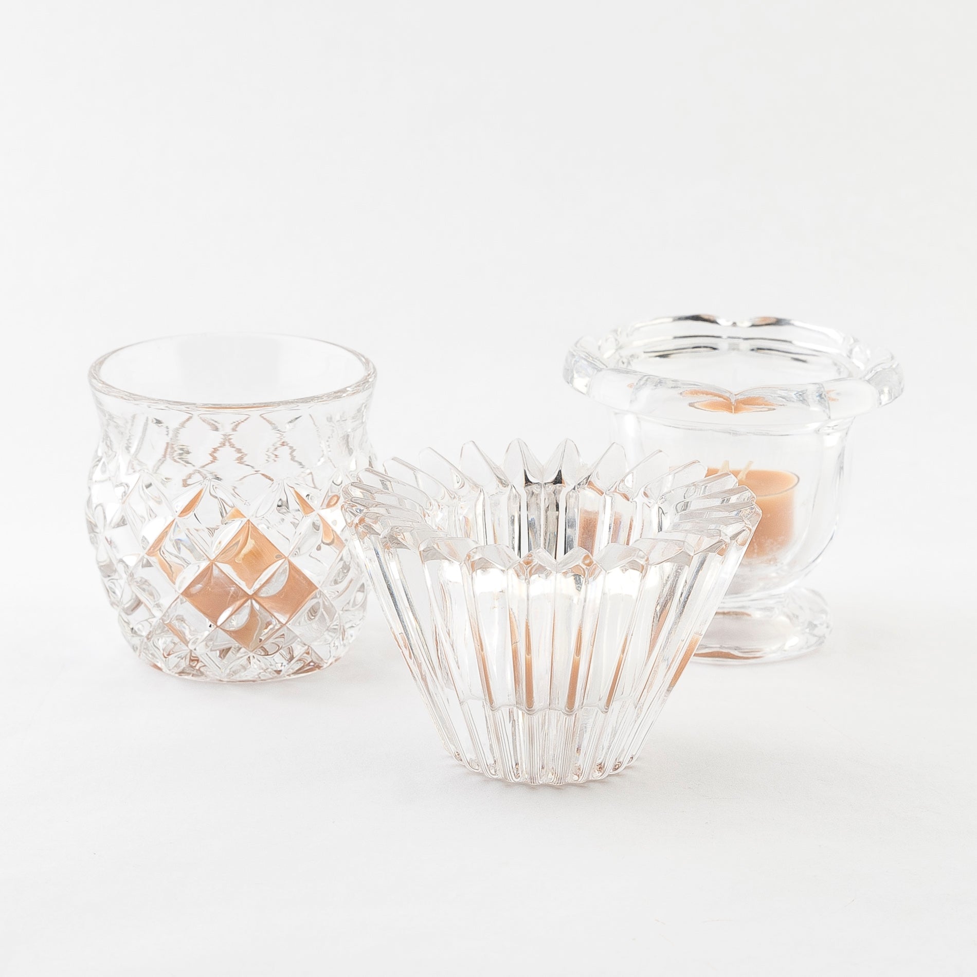 vintage glass votive candle holders - grouping of three - unique pieces