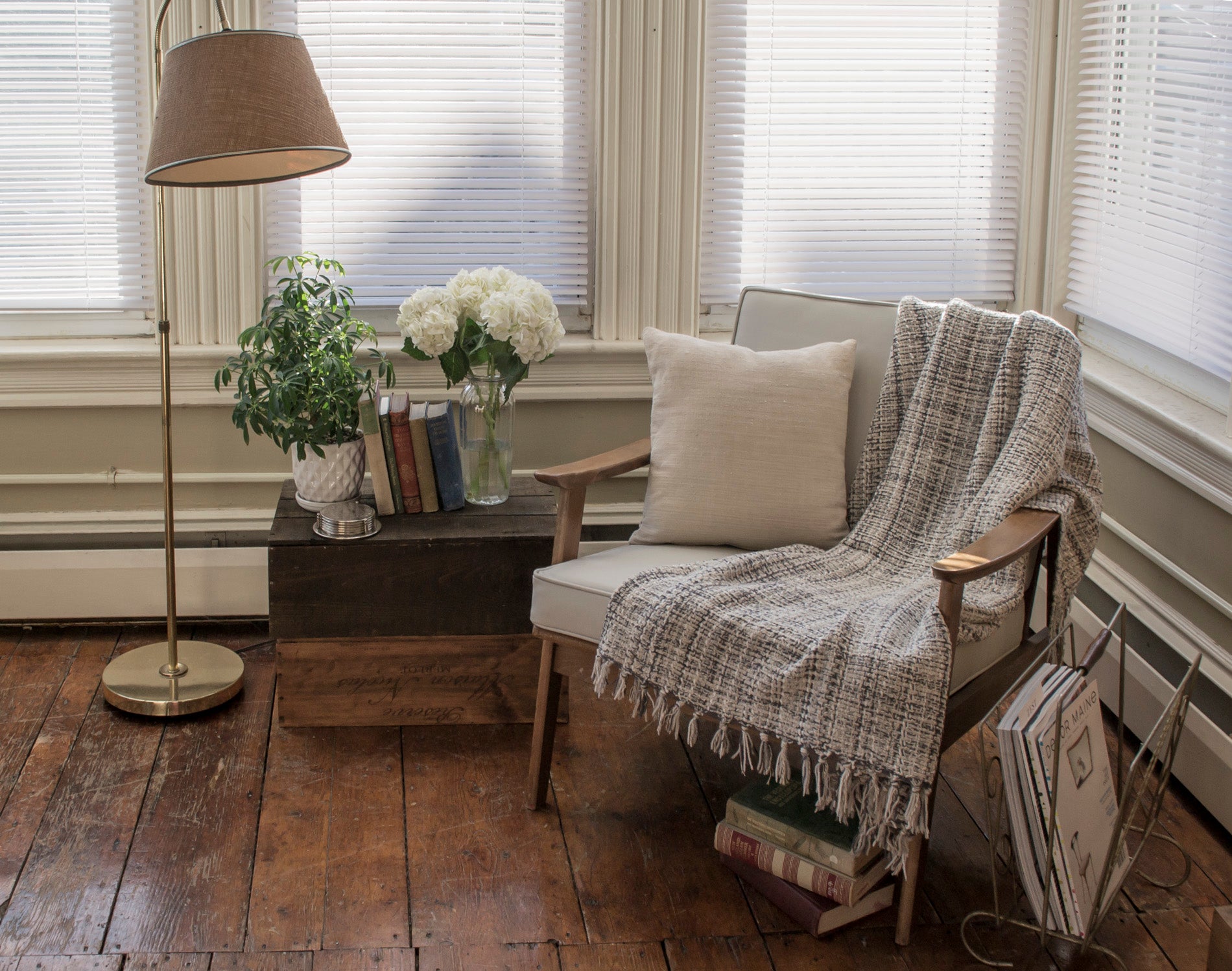 lifestyle: beckett street - bed and bath - photoshoot - midcentury - glass flower vase