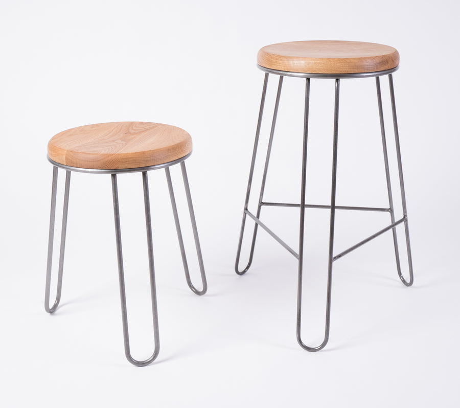 steel and wood stool collection shot - two sizes available - counter and dining height - seating - handmade furniture