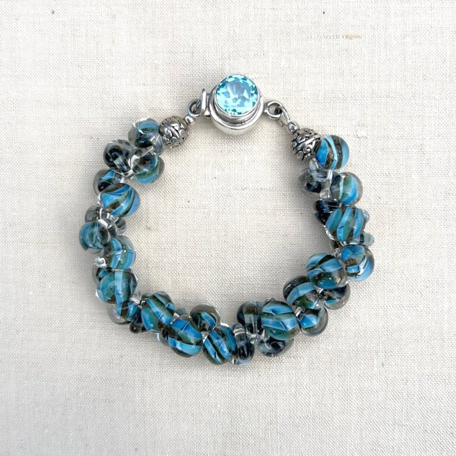 Unicorn Green and Blue Glass Bracelet with Blue Topaz Clasp