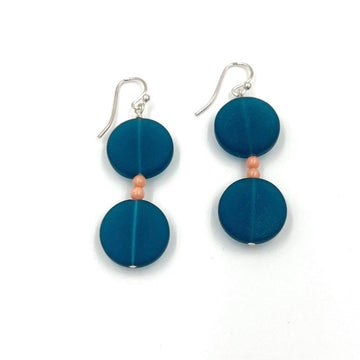 Double Round Teal and Coral Faux Sea-glass Earrings