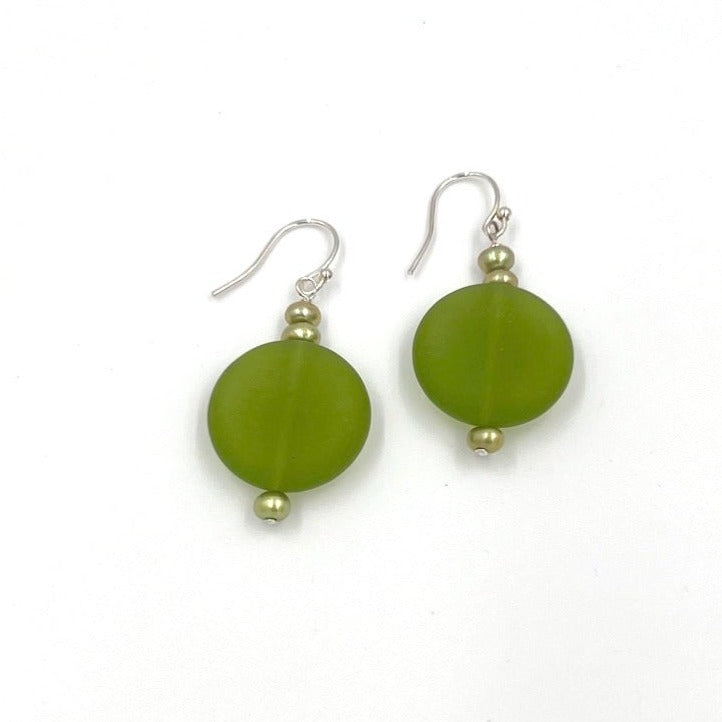Large Round Olive and Green Pearl Faux Sea-glass Earrings