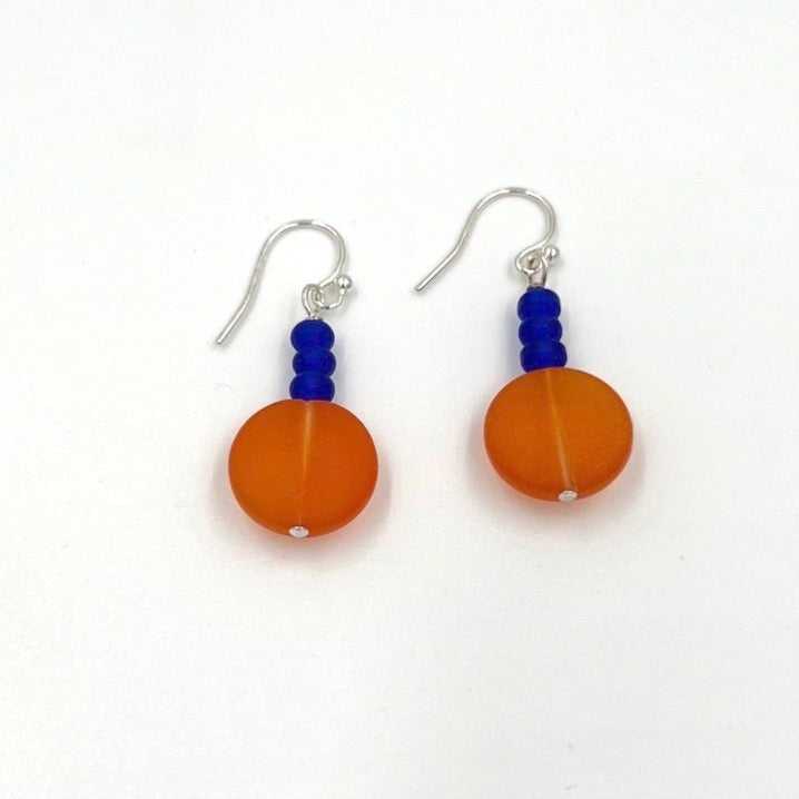 Orange Round and Navy Faux Sea-glass Earrings
