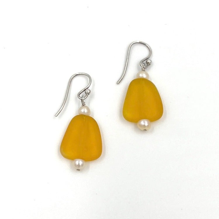 Yellow Flat and Pearl Faux Sea-glass Earrings