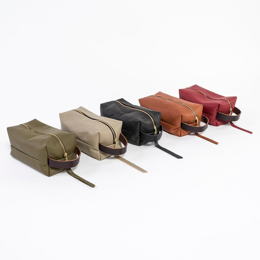 Leather dopp kit collection shot - 5 colors - durable leather - handmade in workshop at venn + maker 