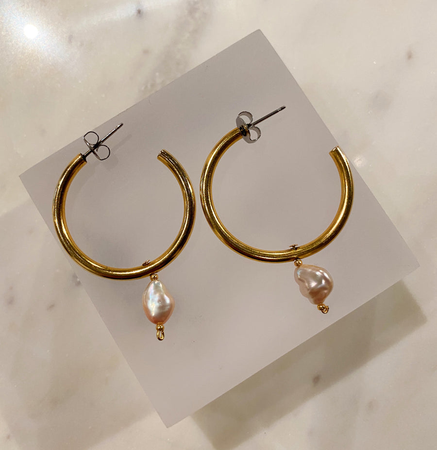 Small Gold Hoops with Pink Pearl Drops