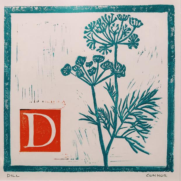 Dill by David Connor - linocut print - matted in white - relief printmaking - local Maine Artist