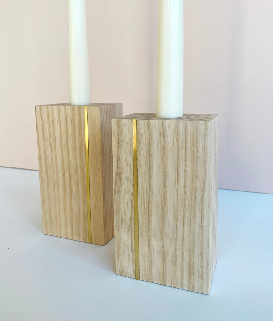 Ash Candle Holder with Brass Inlay