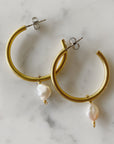 Gold Hoop Drop Earrings with pink pearls