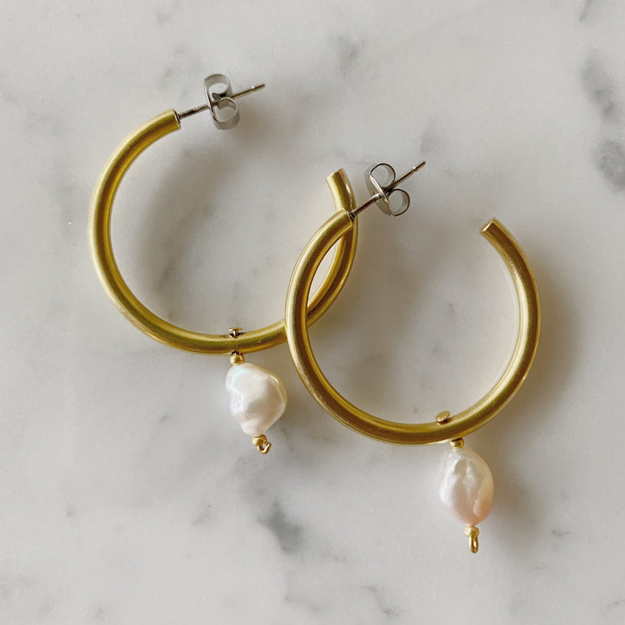 Gold Hoop Drop Earrings with pink pearls