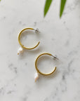 Gold Hoop Drop Earrings with pink pearls