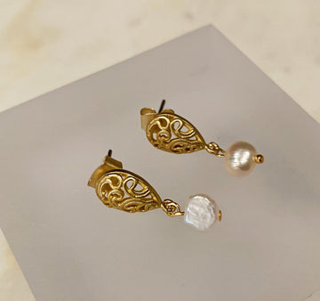 Filigree Post Earrings with Tiny Pearl Drop