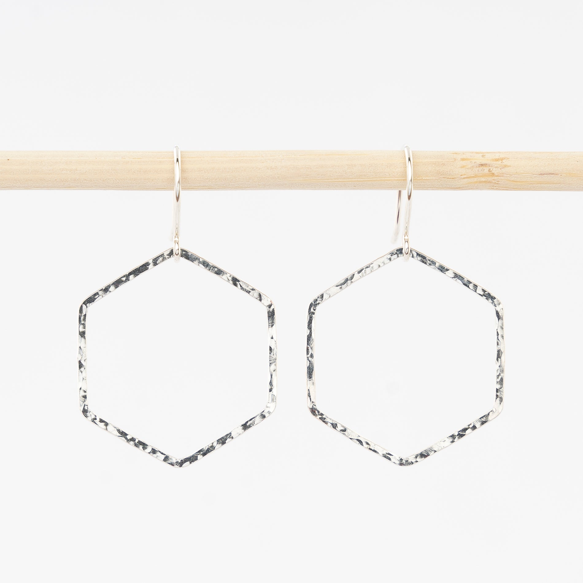 hammered hexagon hoop earrings - dangles - sterling silver - handmade in Maine - jewelry