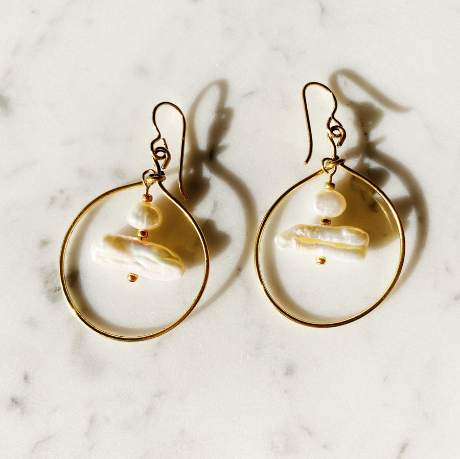 Oval Hoop + Pearl Drop Earrings