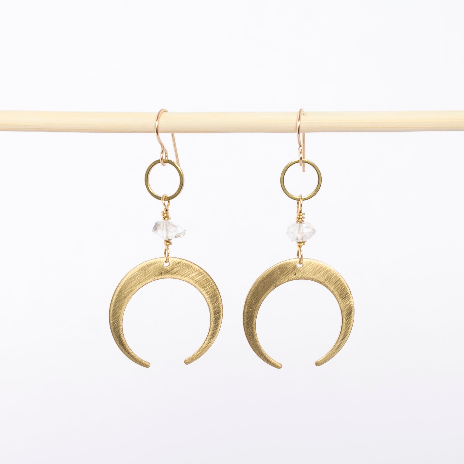 brass crescent moon earrings - dangles - gold filled wire backs - handmade jewelry 