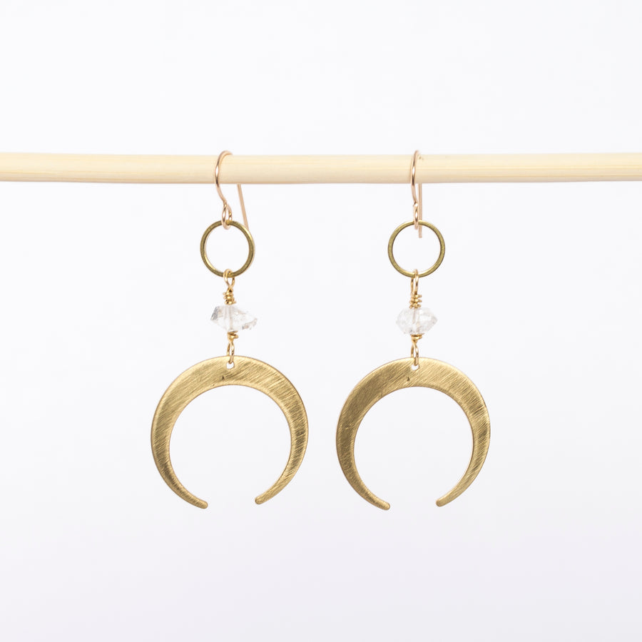 brass crescent moon earrings - dangles - gold filled wire backs - handmade jewelry 