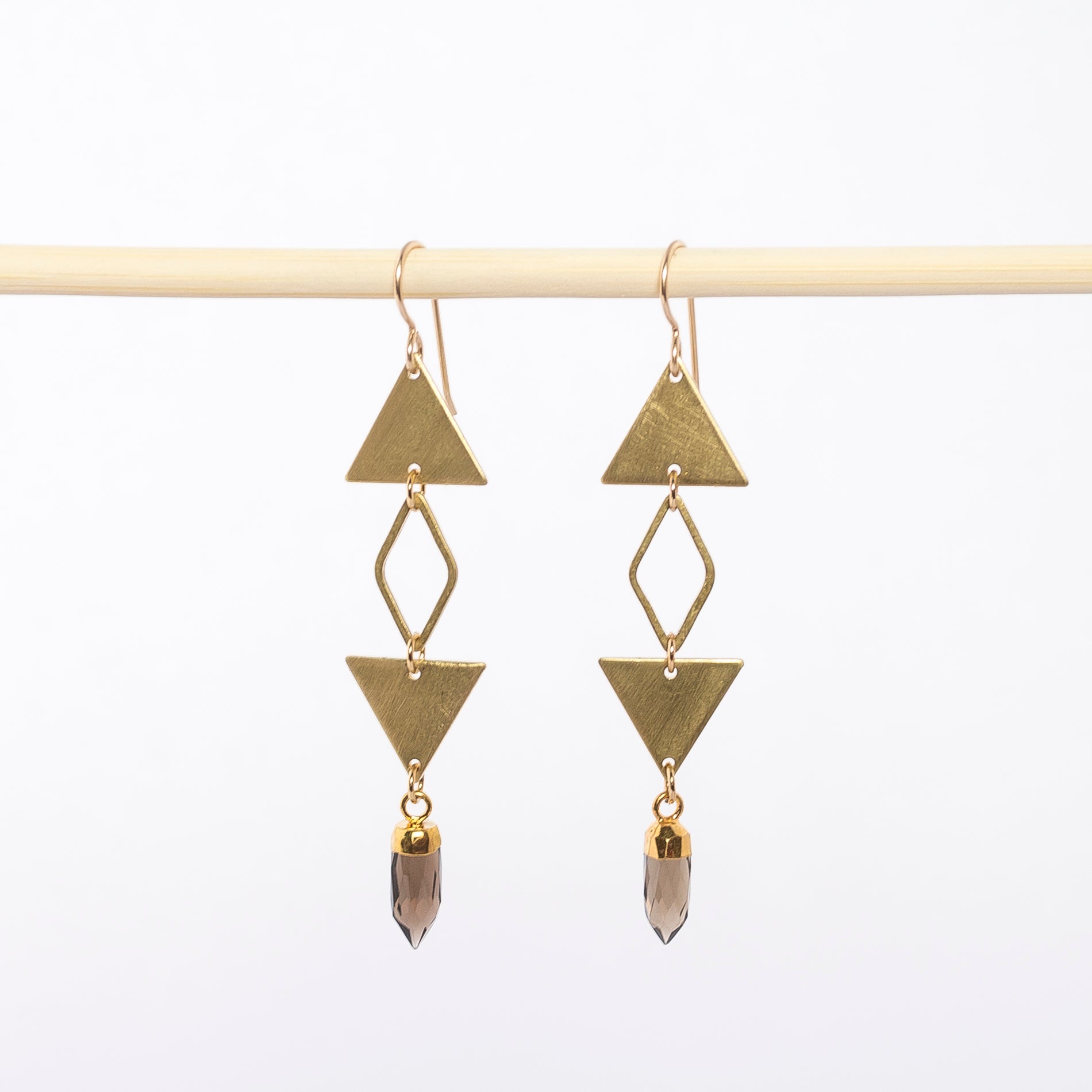 geometric triangle and smokey quartz earrings - dangles - brushed brass - boho jewelry - handmade in Maine