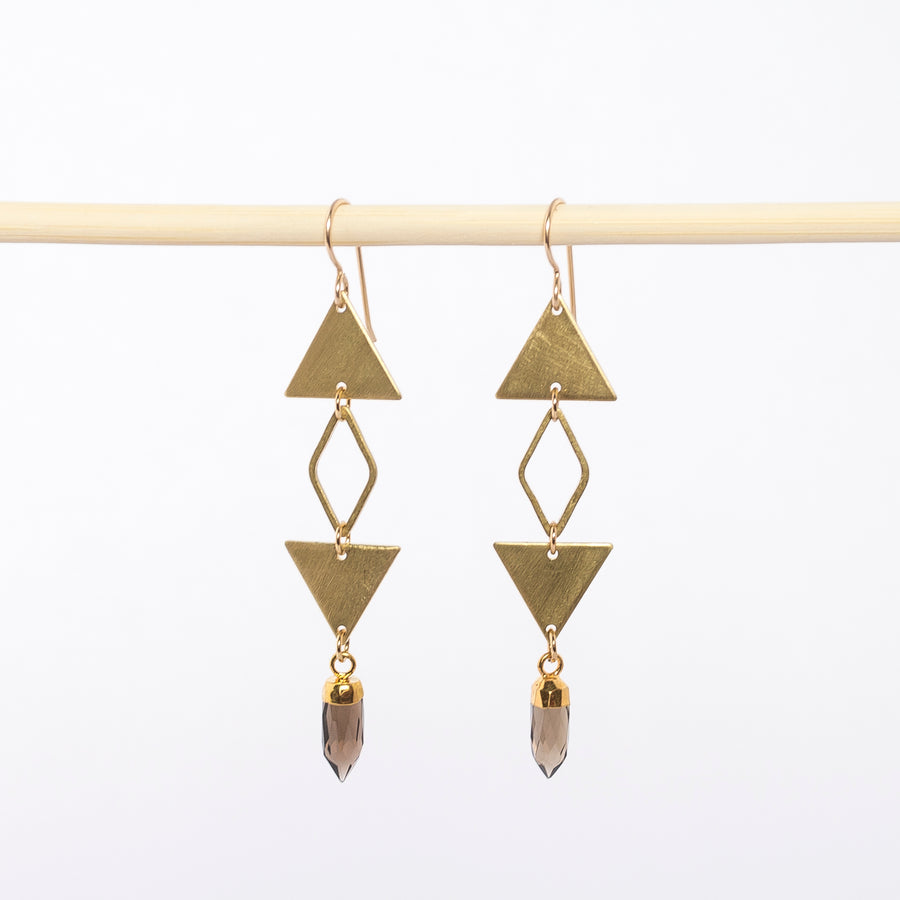 geometric triangle and smokey quartz earrings - dangles - brushed brass - boho jewelry - handmade in Maine