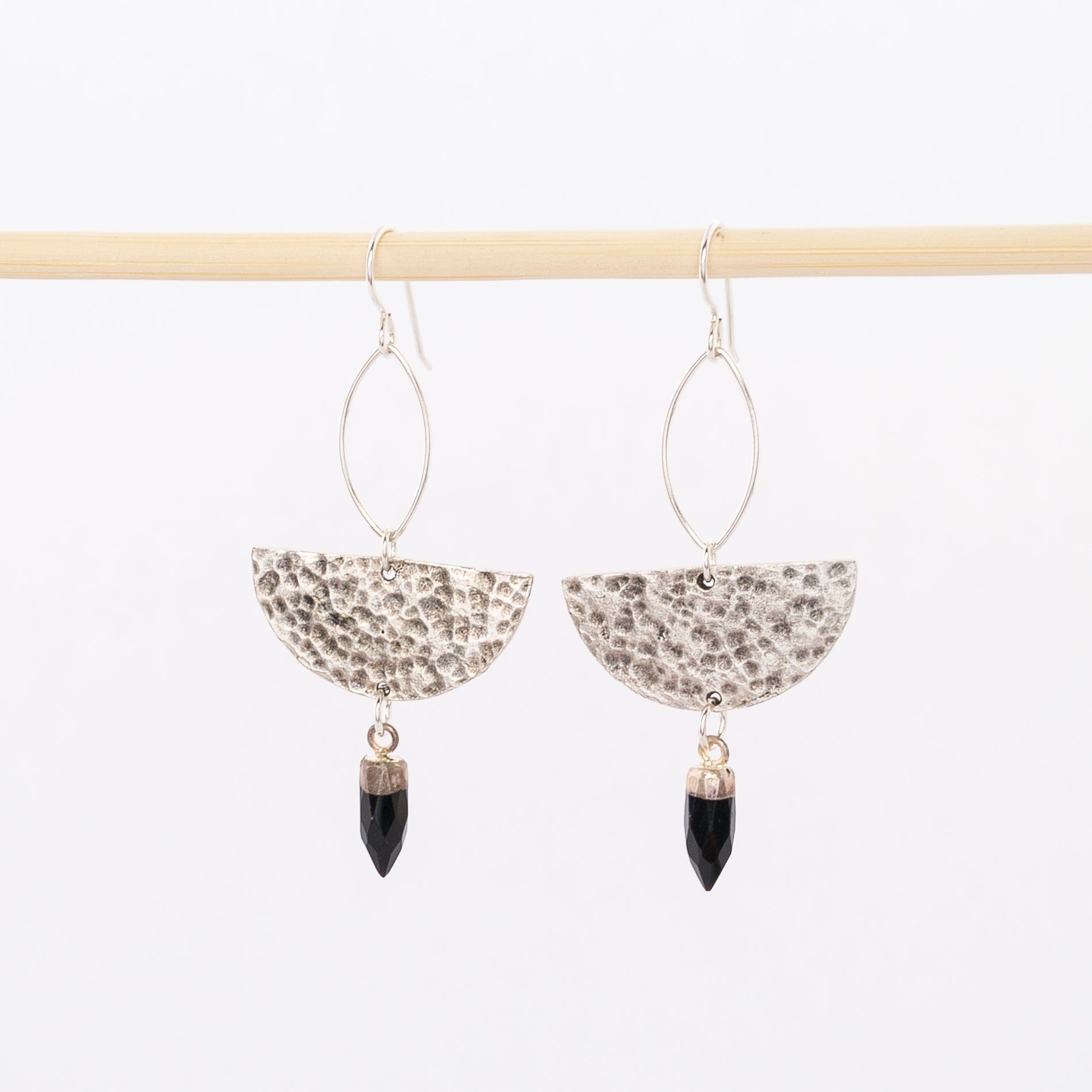 sterling silver and black onyx stone earrings - half moon dangles - inspired by the phases of the moon - stones - wire backs