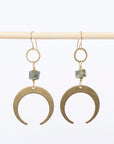 bras crescent moon earrings with prehnite stones - dangles - jewelry - handmade by stellarcreature