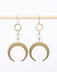 rose quartz crescent moon earrings with brass - precious stones - women's jewelry - boho design