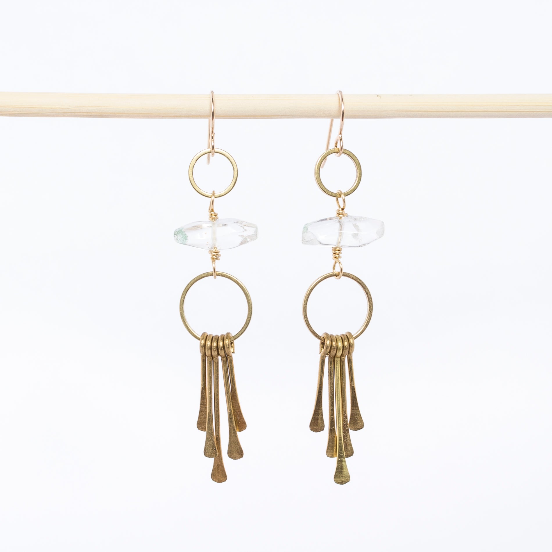 phantom quartz earrings - dangles - hammered brass paddles - bohemian - jewelry