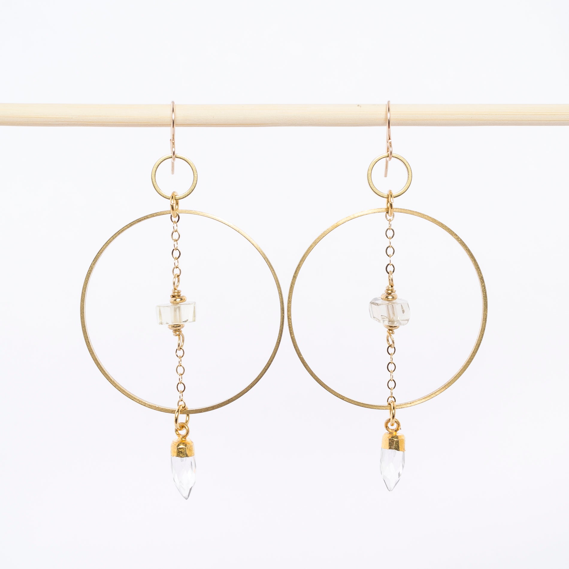 brass and quartz dangles - hoop earrings - boho style - women's jewelry - handmade in Maine